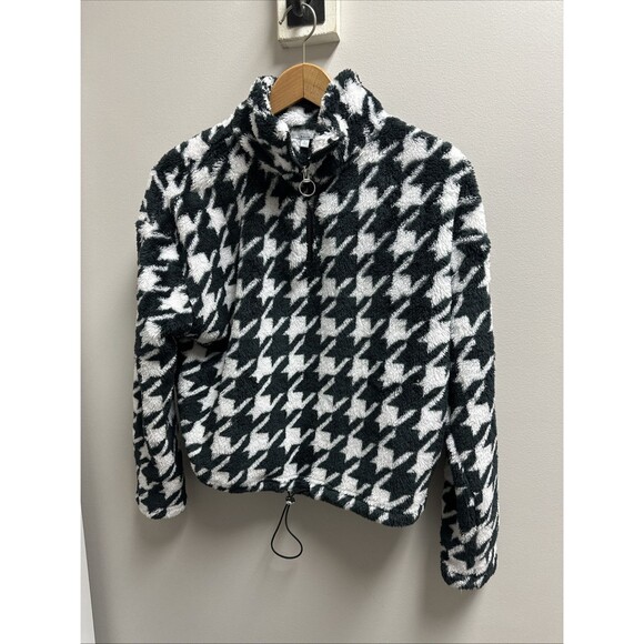 Y2K Houndstooth Sherpa Jacket Womens L  Half Zip Boxy Teddy Coat Clueless Preppy - Picture 1 of 5